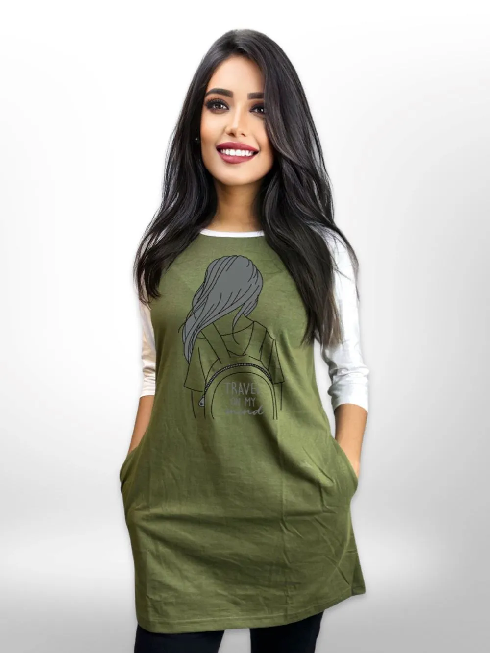 Travel With Me Printed Long T-shirt Raglan Sleeve Side Pocket For Women's