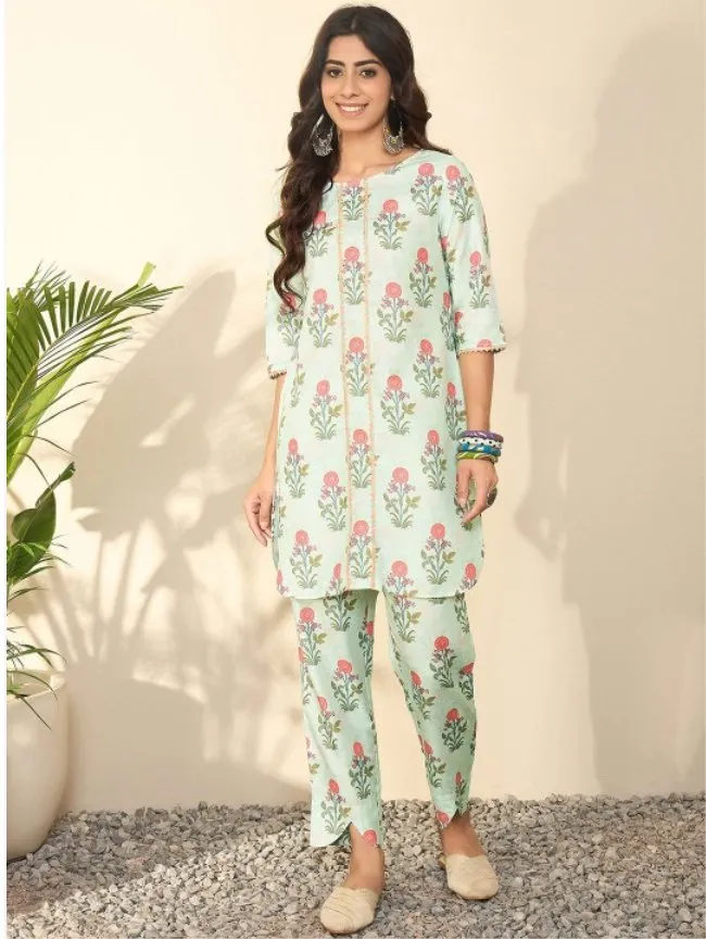 Women Floral Printed Regular Thread Work Kurti with Trousers